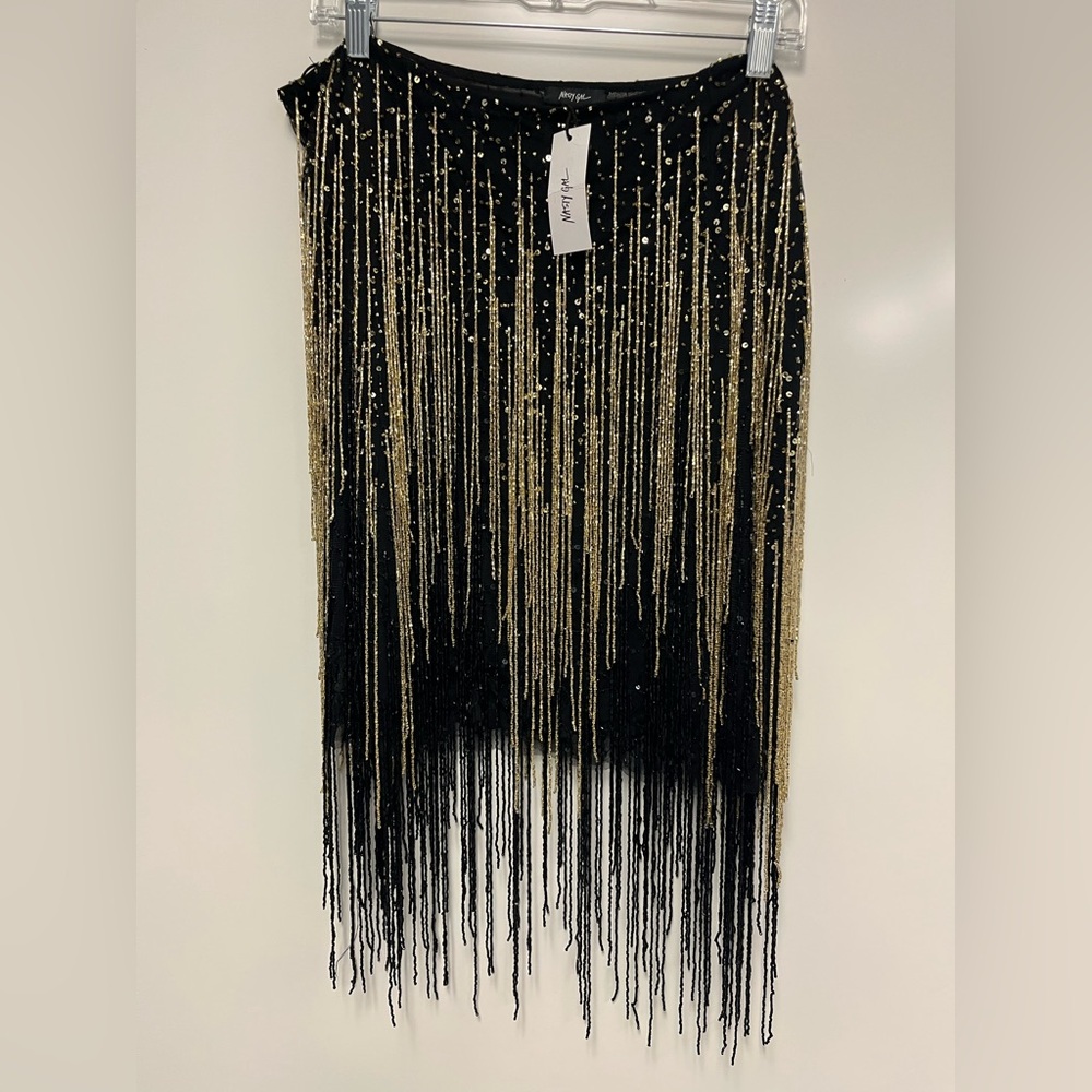 Nasty Gal Black Beaded Tassel‎ Icon Mini Skirt Sz. 14 NWT - Picture 5 of 10